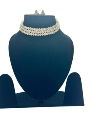 White Toned Fashionable Chowker Necklace with Stud Earring Jewellery Set