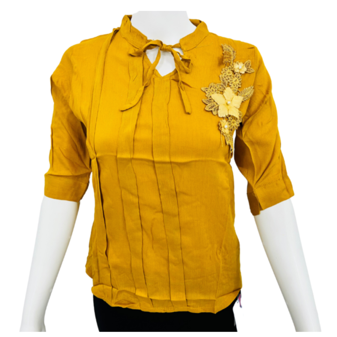 Women Closed Neck Top with Front Embroidery