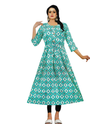 Women Cotton Printed Round Neck Flared Kurta